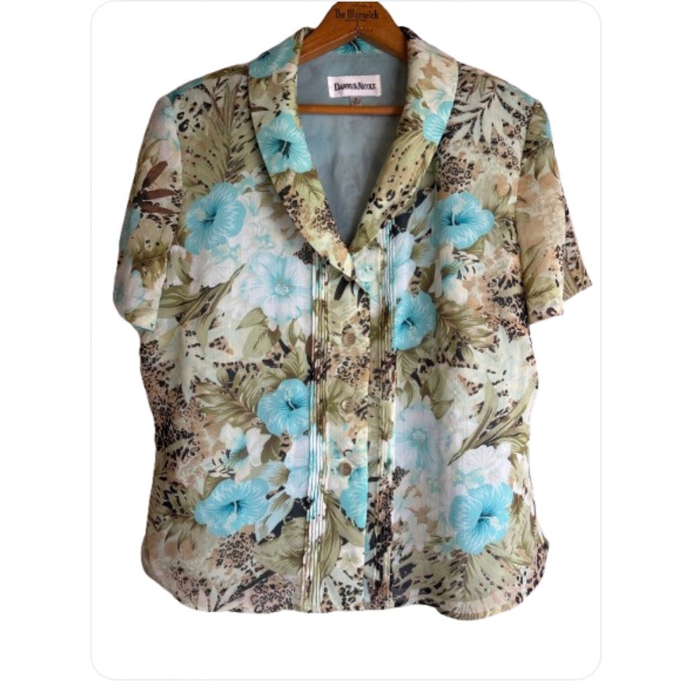 Vintage Danny‎ & Nicole Floral Blouse Sz 18 Short Sleeves Button Up V Neck